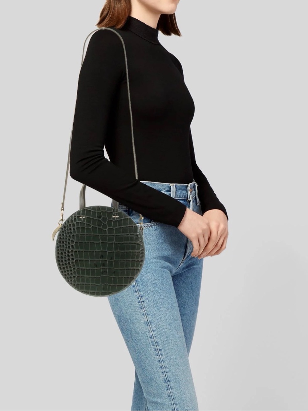 Clare V. Petit Alistair Croc Embossed Round Crossbody Bag Green